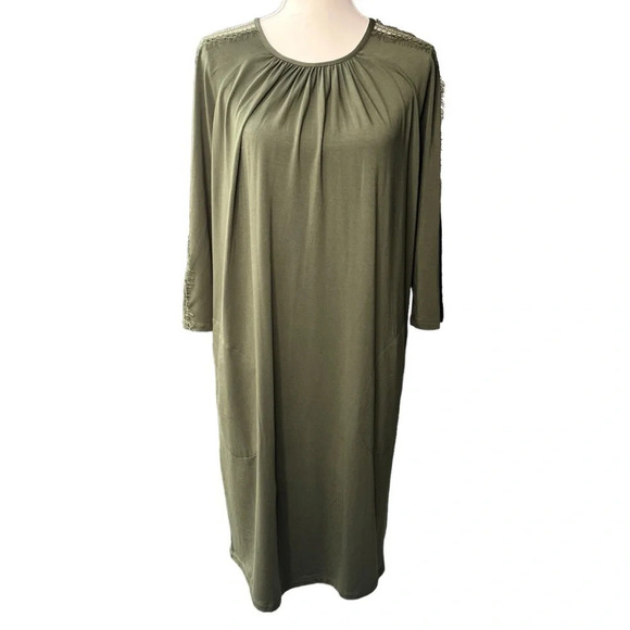 Garnet Hill (NWT) Olive Green Luna Lace-Inset Knit Dress Size Medium - Picture 2 of 11
